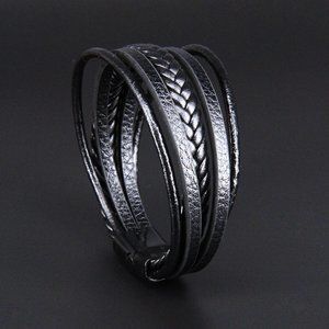 Men's Multi-Layer Leather Bracelet With Magnetic-Clasp (Black)